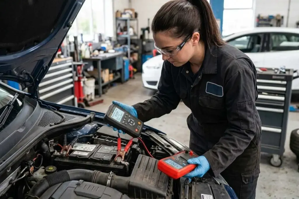 Technician testing car battery voltage at Hyde Road Wheels & Tyres in Manchester